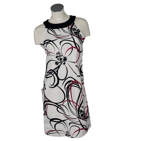 NWT ANN TAYLOR White Red Black Abstract Floral Sleeveless Halter Dress Size 2 - Picture 1 of 16